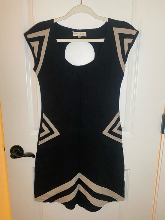Synergy Organic Clothing Dresses & Skirts - Synergy Organic Black Dress with Beige Geometric Trim